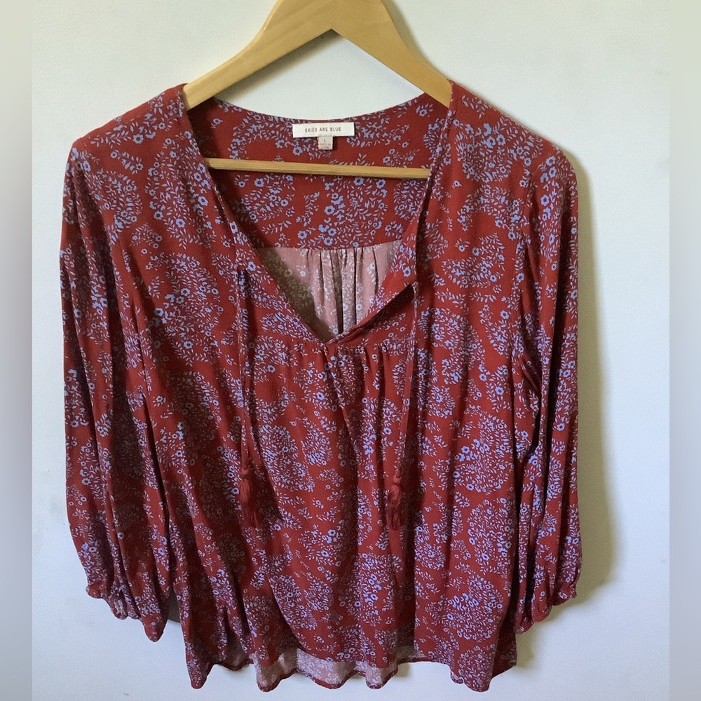 Skies Are Blue Rust Red Floral Peasant Blouse
